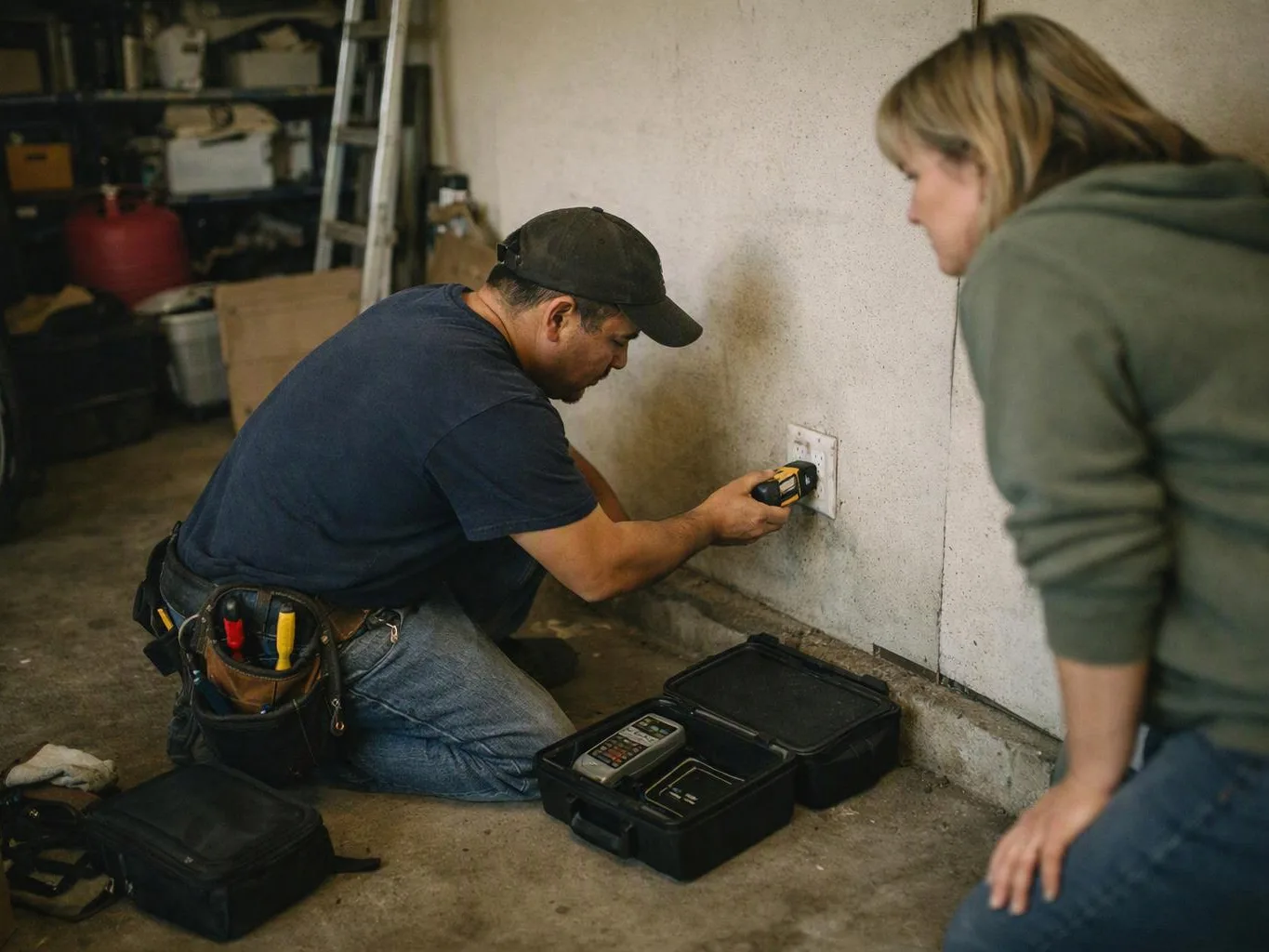 A man kneels by a wall outlet, using a power tester while a woman watches nearby in a garage