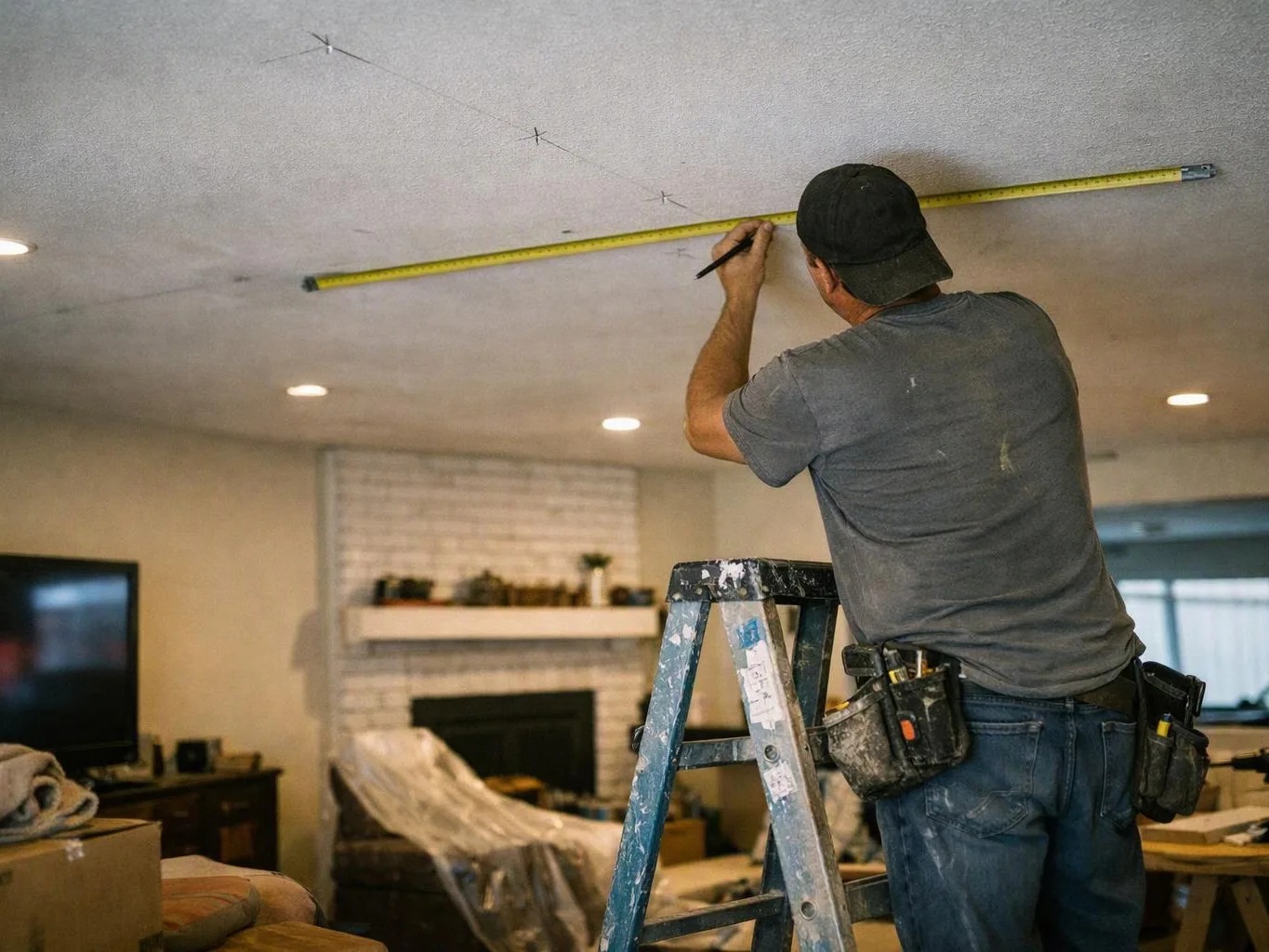 A man on a ladder measures and marks a ceiling in a living room under renovation
