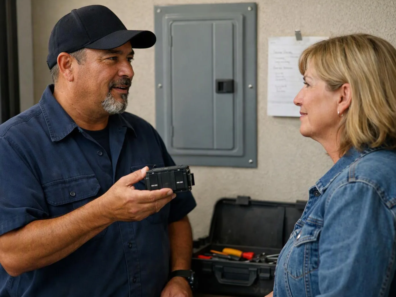 A man in a navy cap shows a small black device to a woman beside an electrical panel