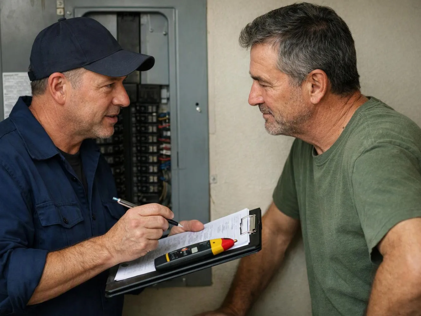 A man in a navy cap writes on a clipboard while talking to another man beside an electrical panel