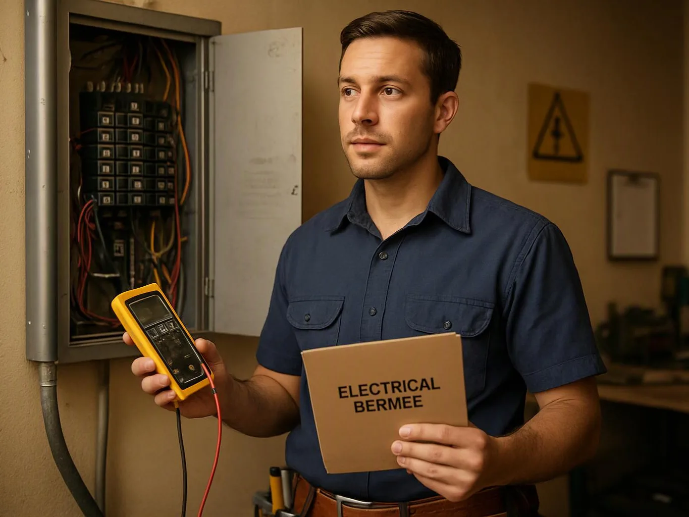 A man in a navy shirt stands by an open electrical panel, holding a meter and a folder with text visible