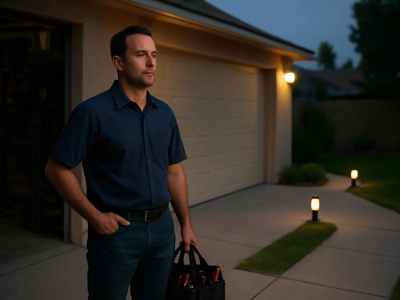 A man stands outside a house at dusk, holding a black bag beside a lit driveway
