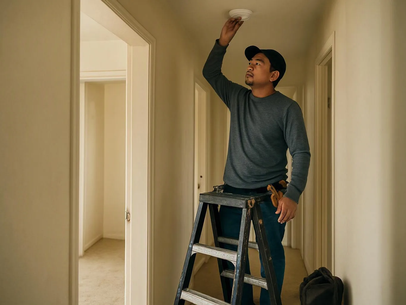 A man on a step ladder reaches up to adjust a ceiling smoke detector in a hallway