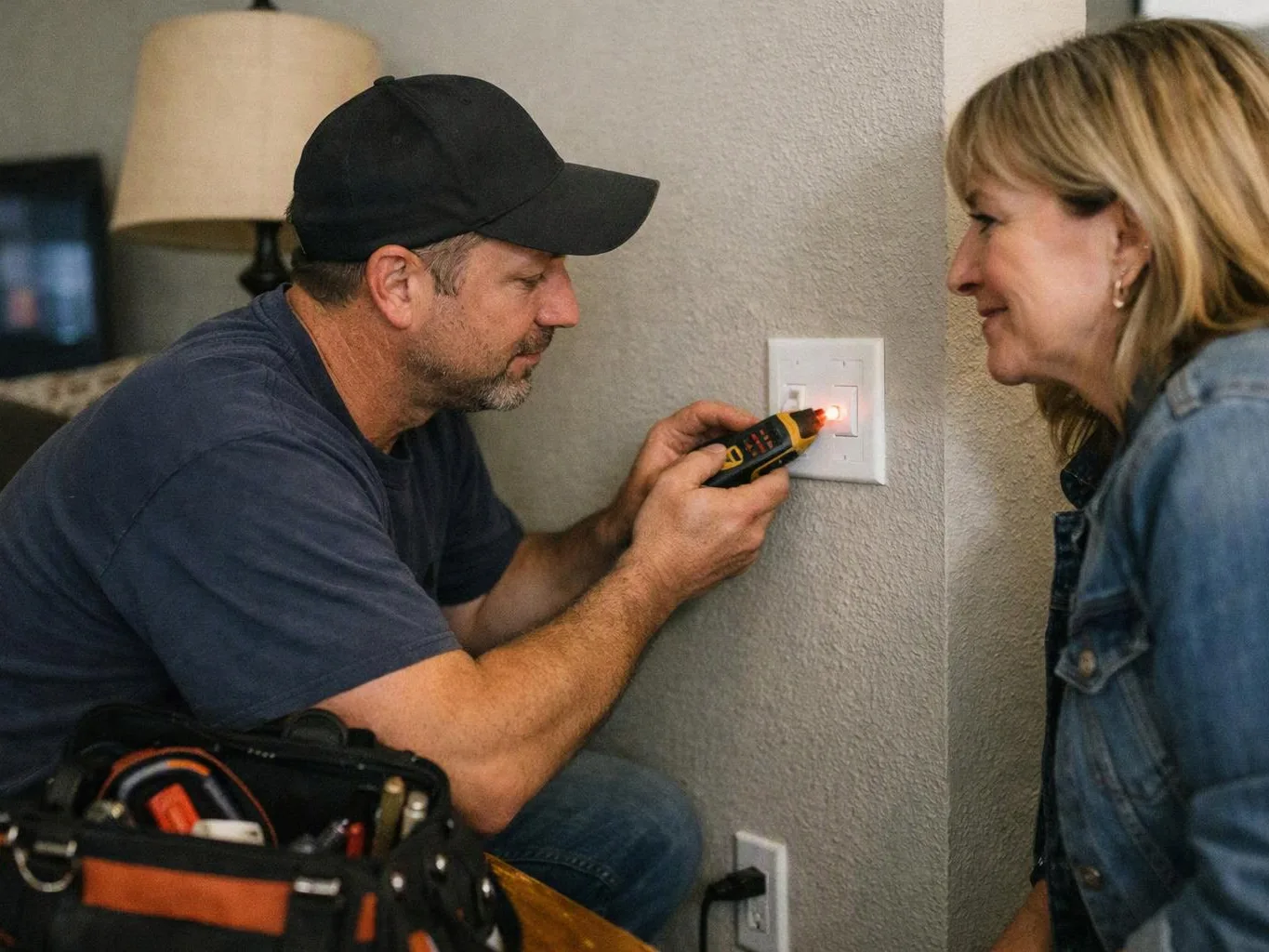 A man tests a wall switch with a lit tool while a woman watches in a room