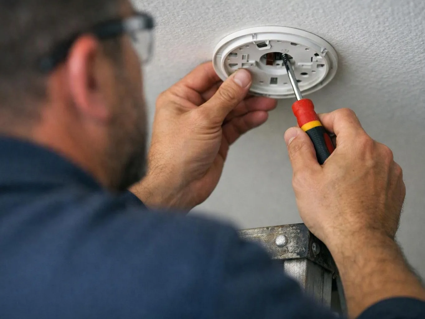 A man uses a screwdriver to install a round ceiling device on a gray wall