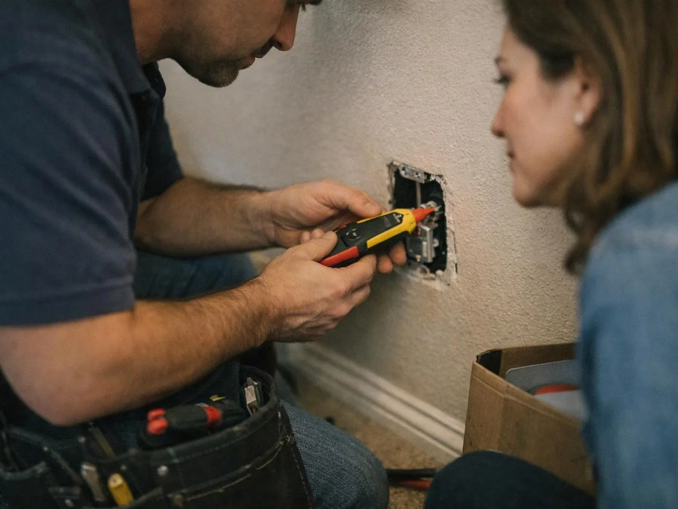 A man uses a voltage tester on an open wall outlet while a woman watches nearby