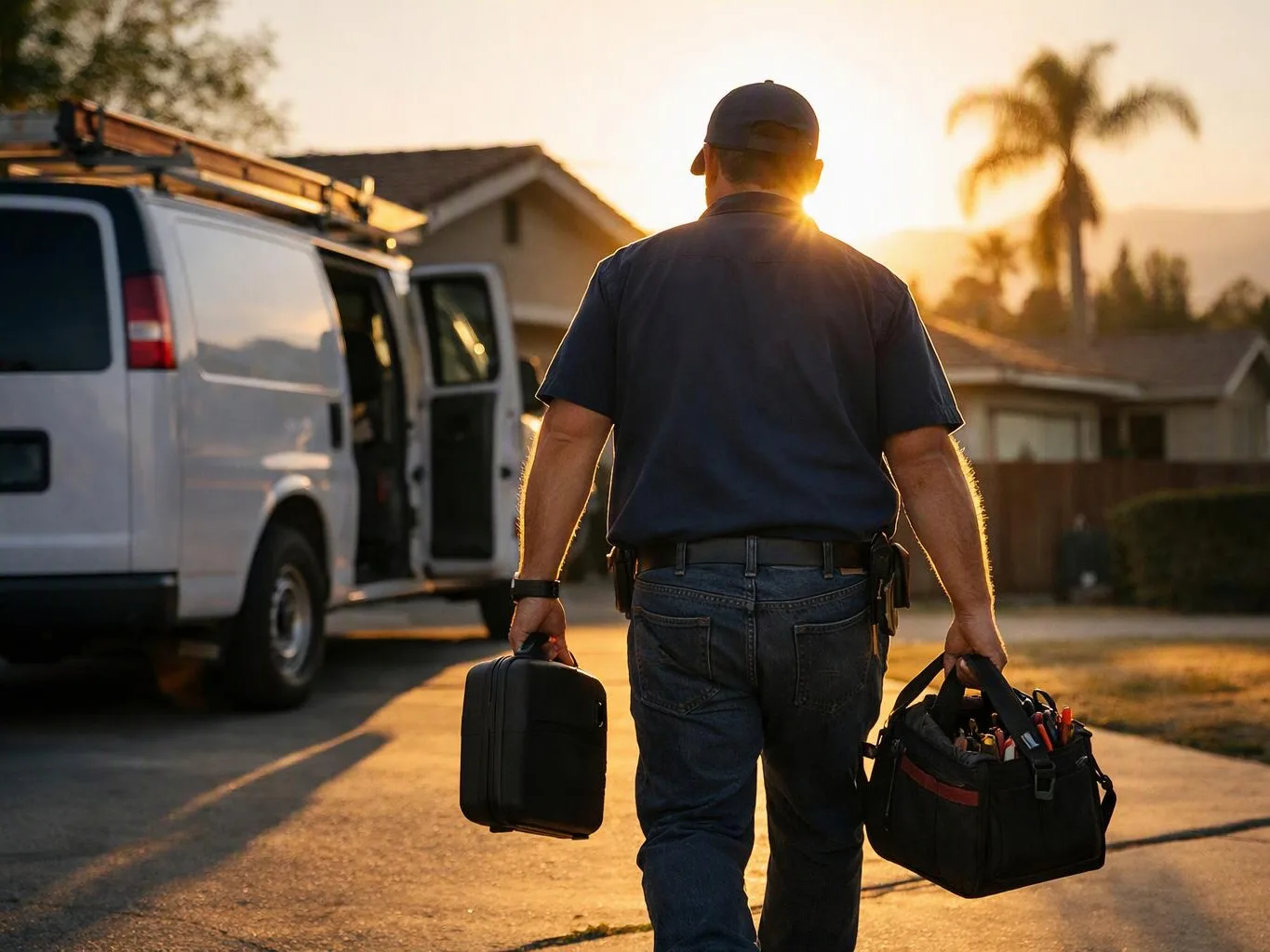 A man walks toward a white work van at sunset, carrying two tool bags on a suburban driveway