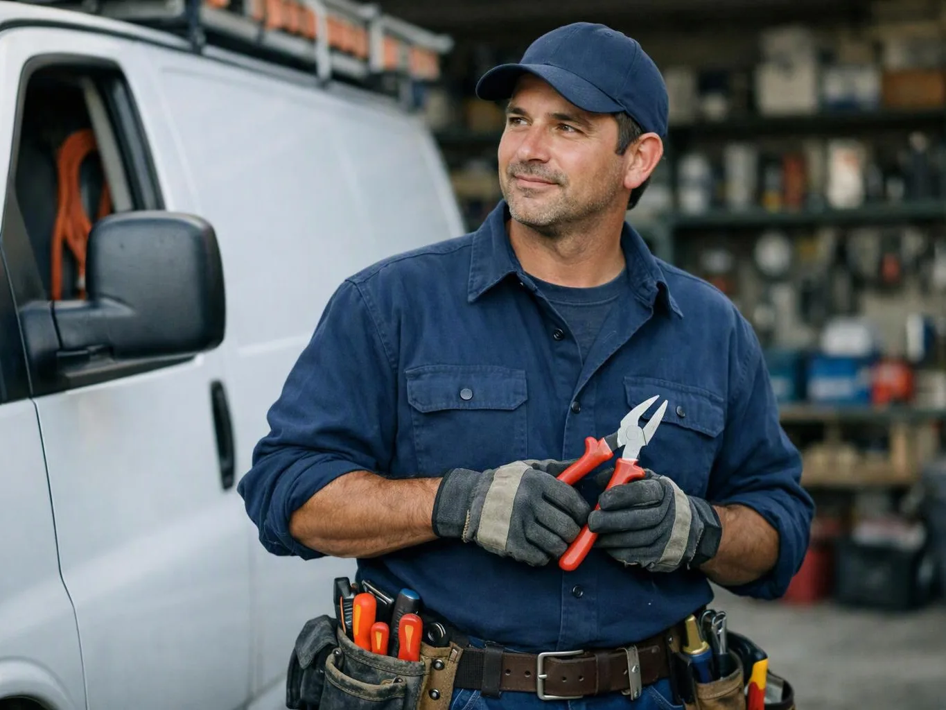 A mechanic in blue work clothes and gloves holds red-handled pliers beside a white van in a garage