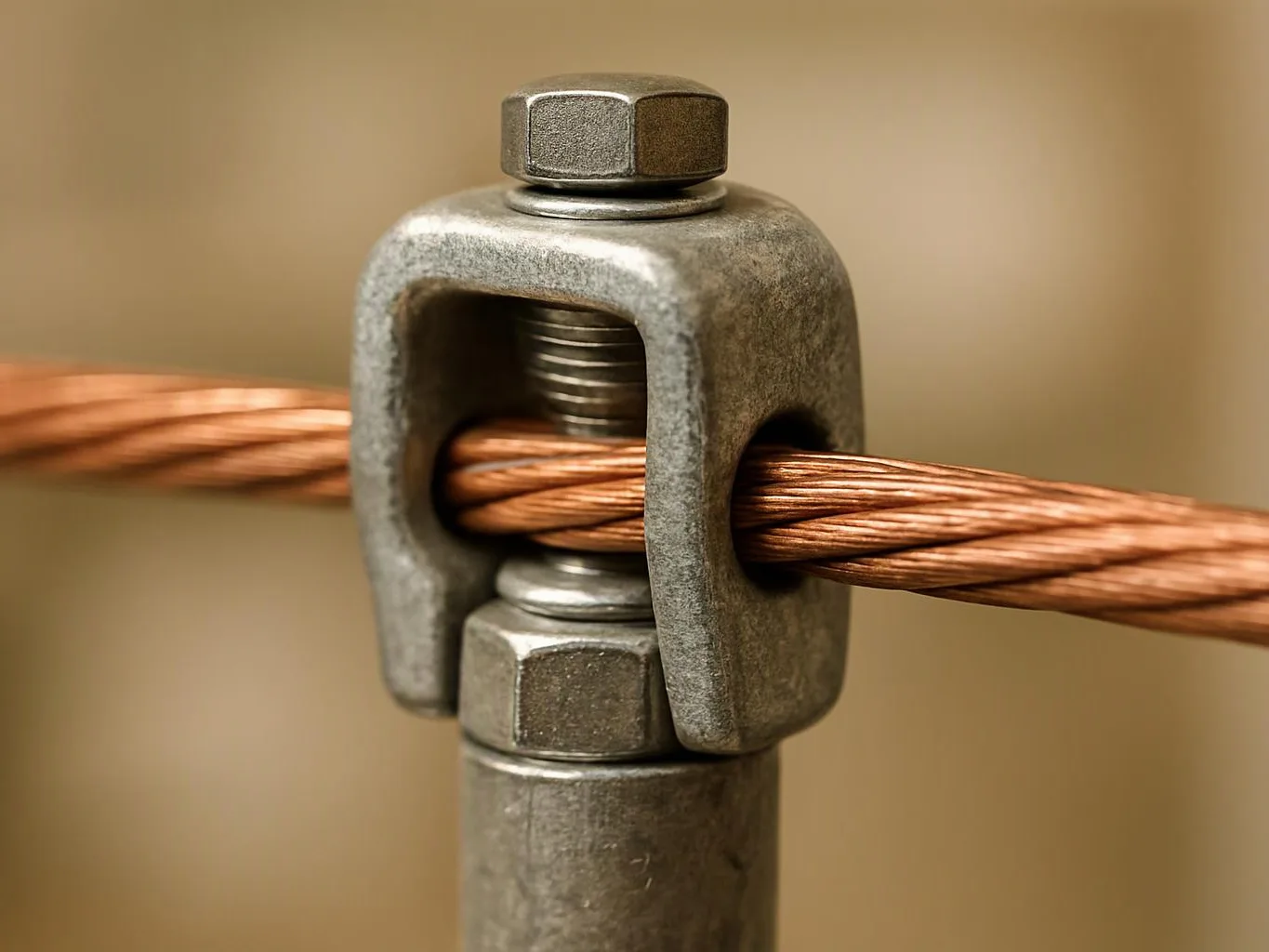 A metal cable clamp grips a copper wire rope against a blurred tan background