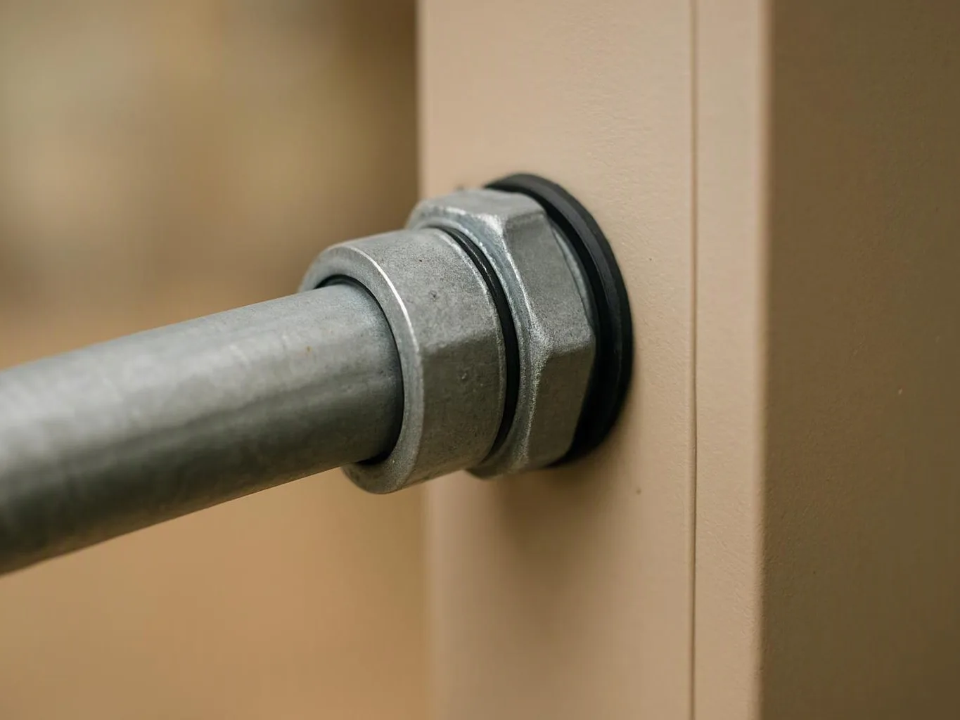 A metal pipe passes through a beige panel, secured by a silver nut and black ring