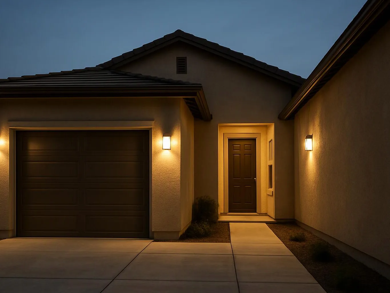 A modern house exterior at dusk shows a lit garage, front door, and walkway between stucco walls