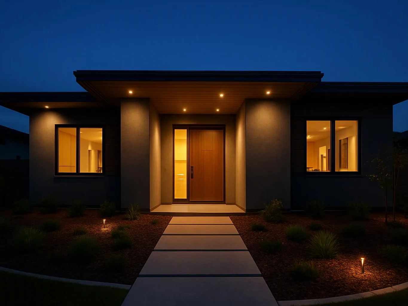 A modern house glows at dusk, with lit windows, a wooden front door