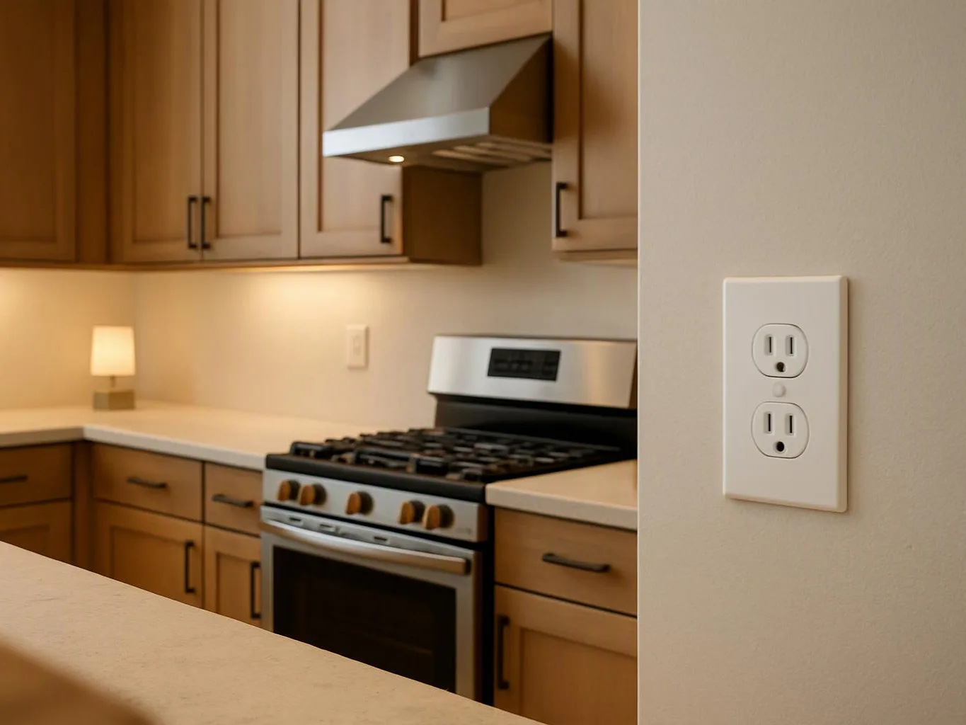 A modern kitchen shows wood cabinets, a stainless steel stove, a range hood, and a wall outlet in the foreground