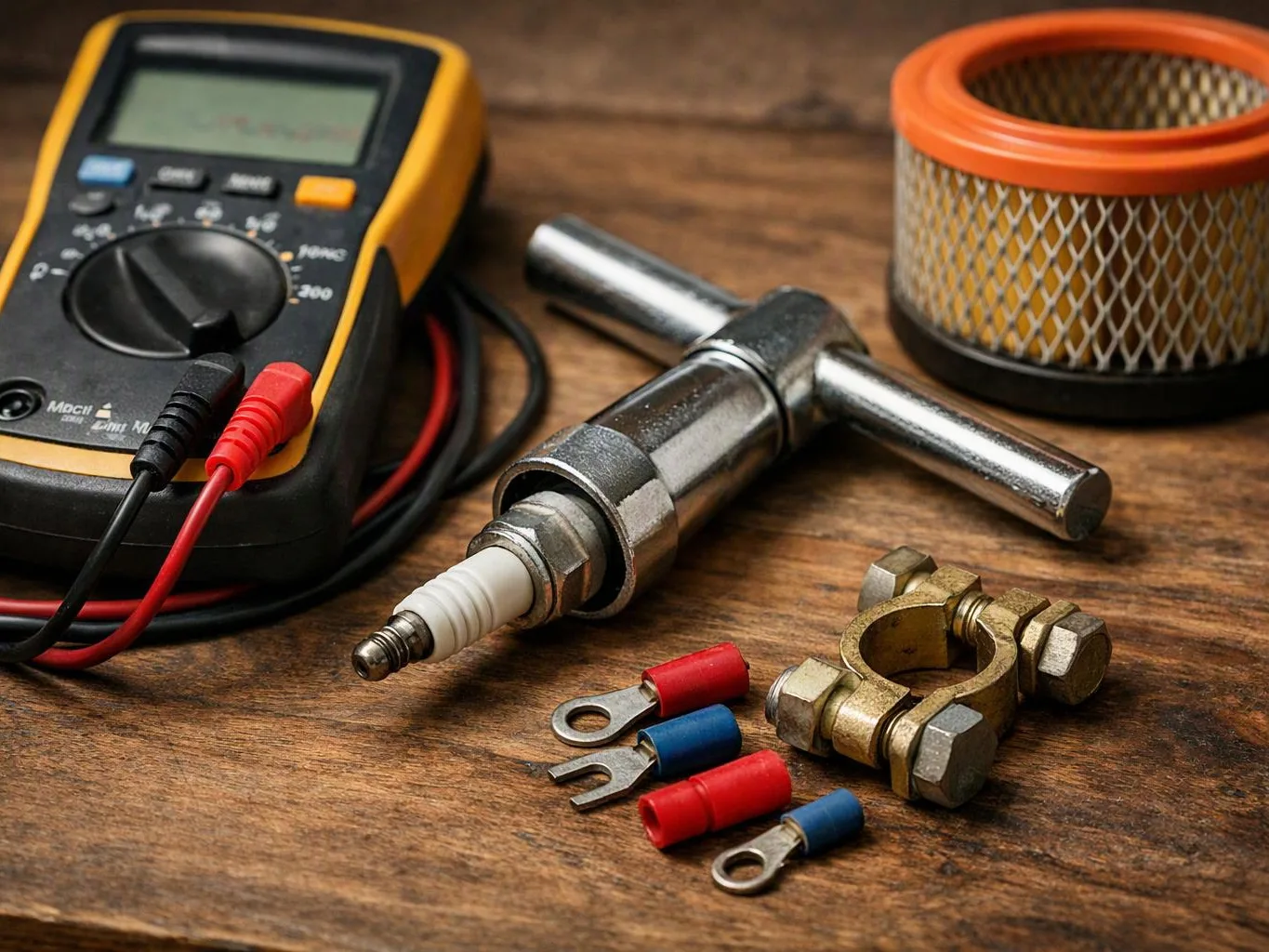 A multimeter, spark plug tool, air filter, and battery cable terminals rest on a wooden workbench