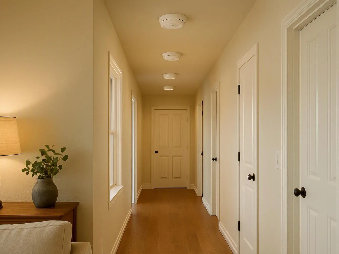 A narrow beige hallway with white doors and a wooden floor, seen beside a lamp and potted plant