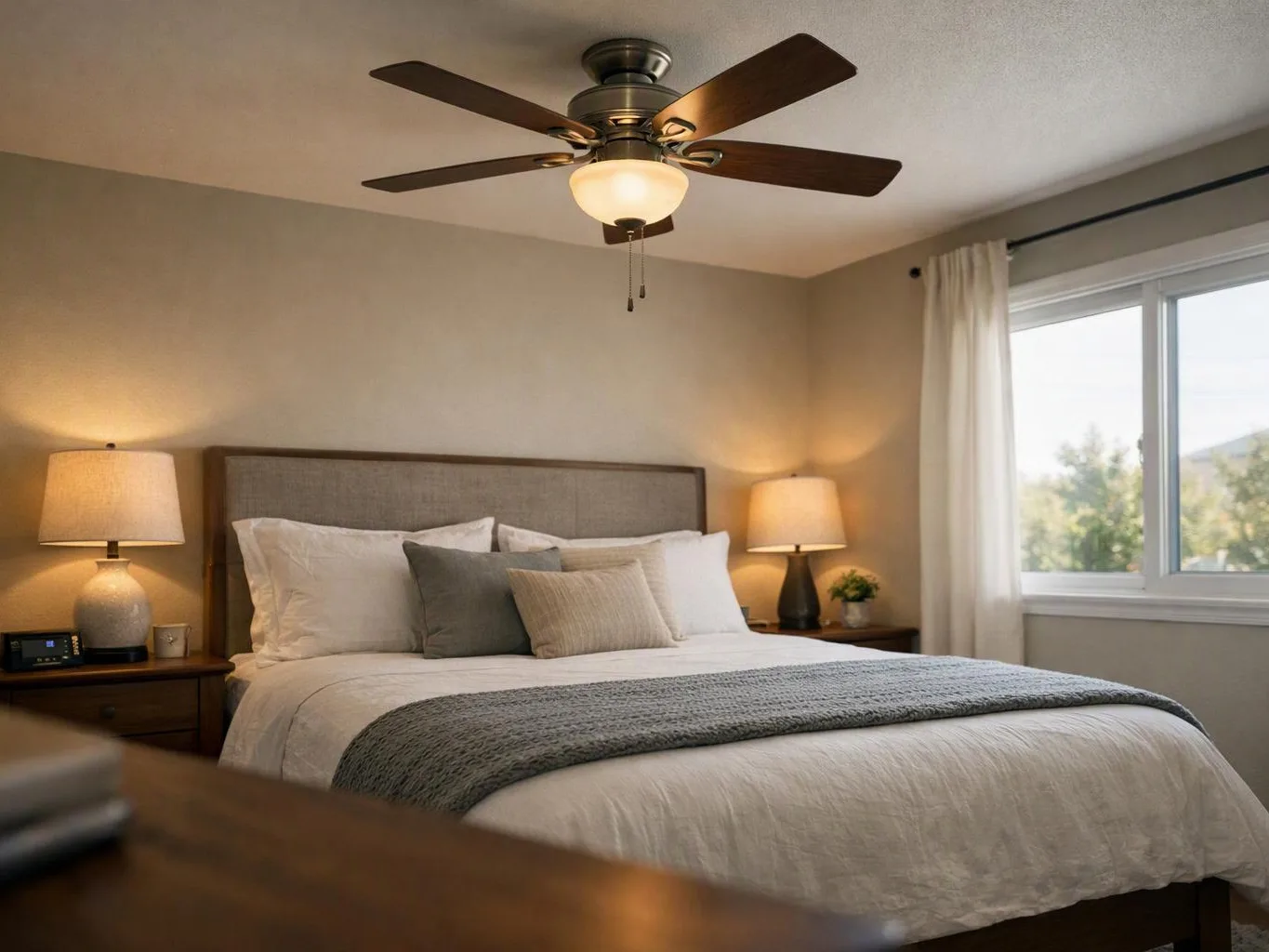 A neatly made bed sits in a warm bedroom with lamps, pillows, a ceiling fan, and a bright window