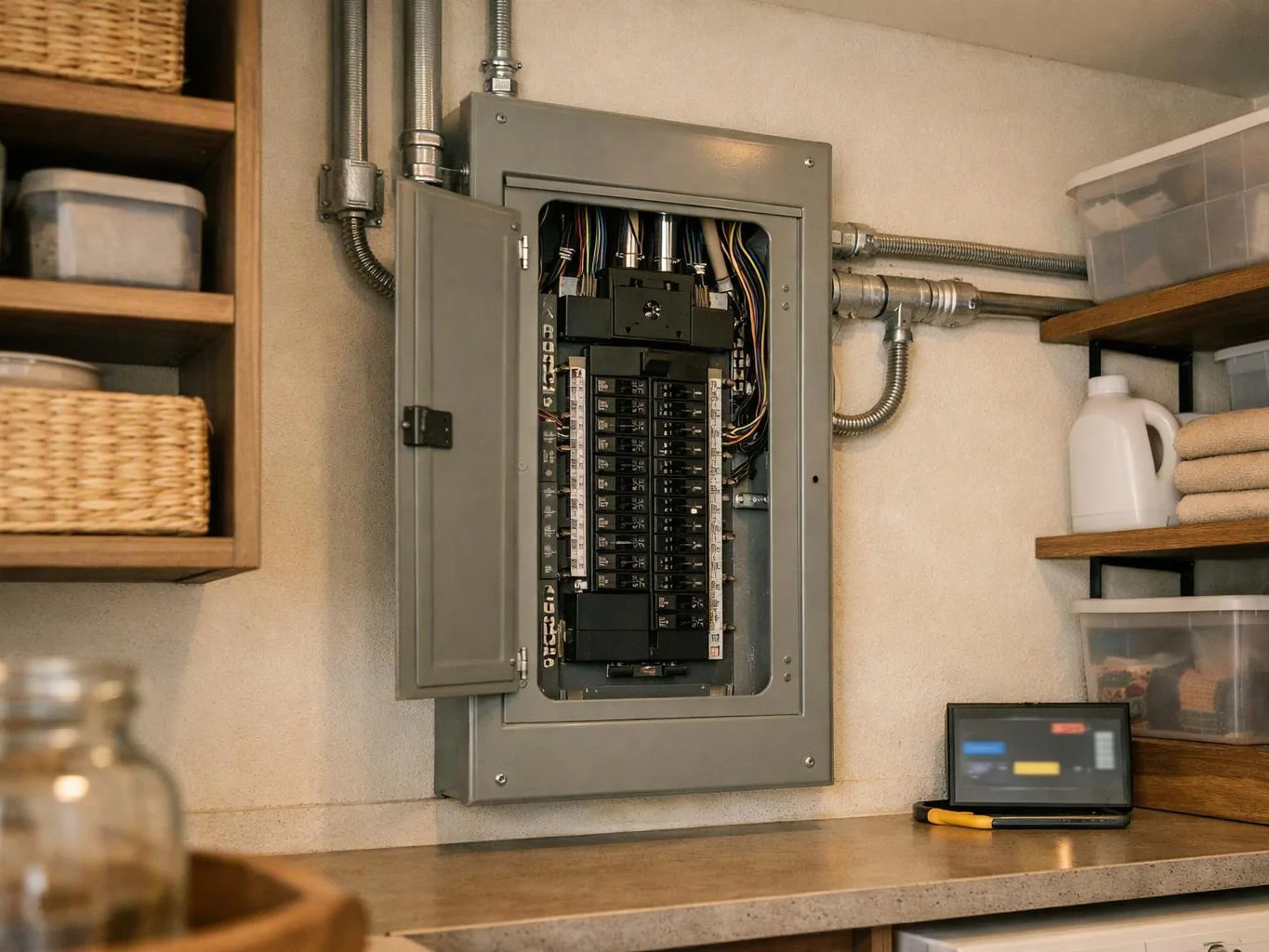 An open electrical breaker panel is mounted on a wall between shelves and storage bins