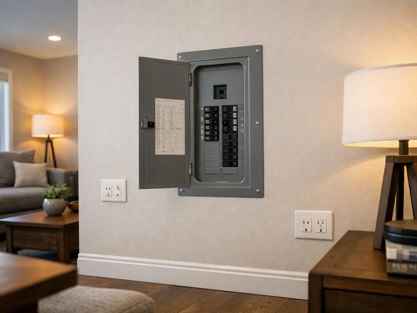 An open electrical panel hangs on a living room wall beside lamps, outlets, and a sofa area