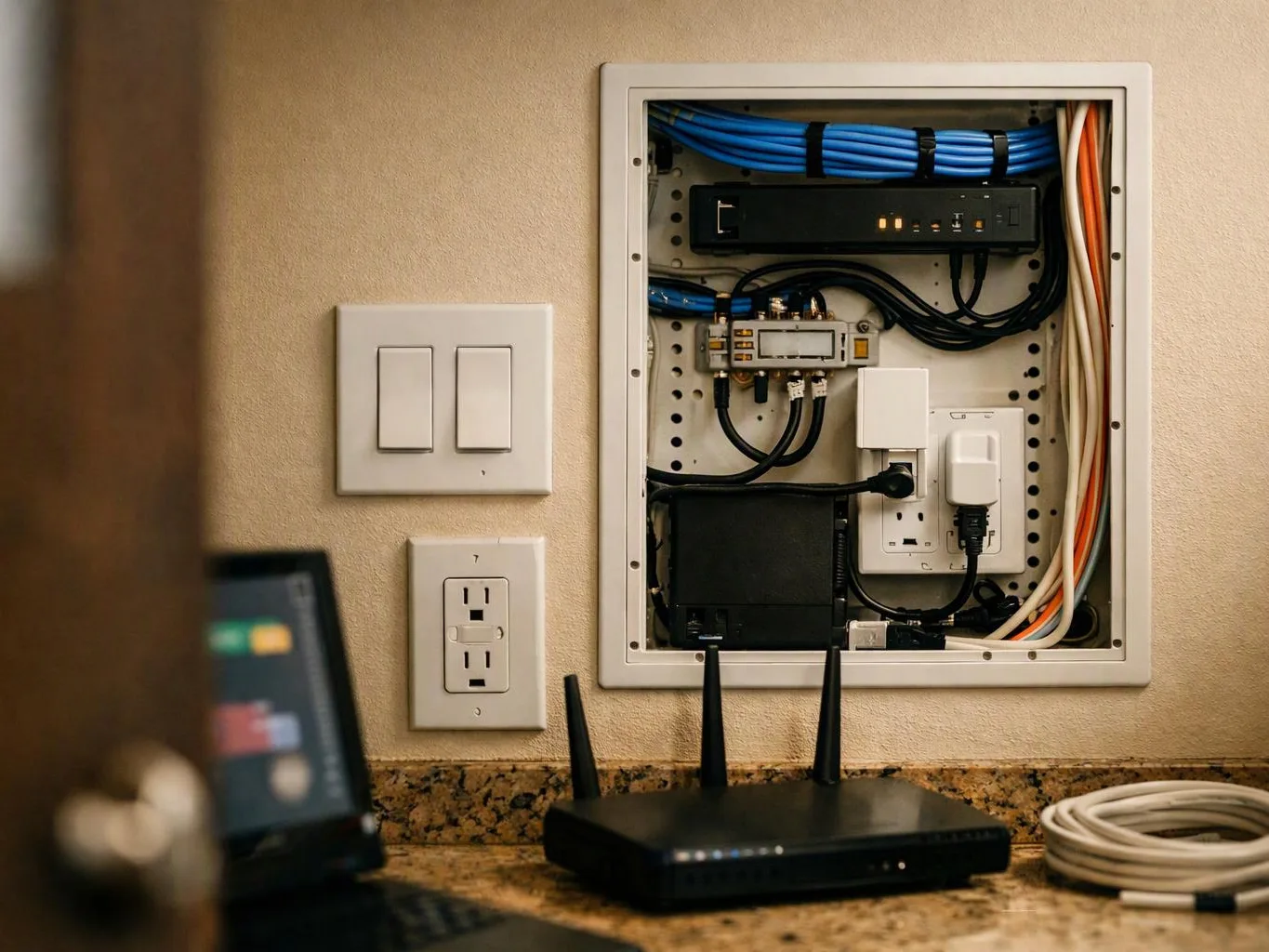 Open wall panel with network cables, outlets, and a router on a countertop in a home setting