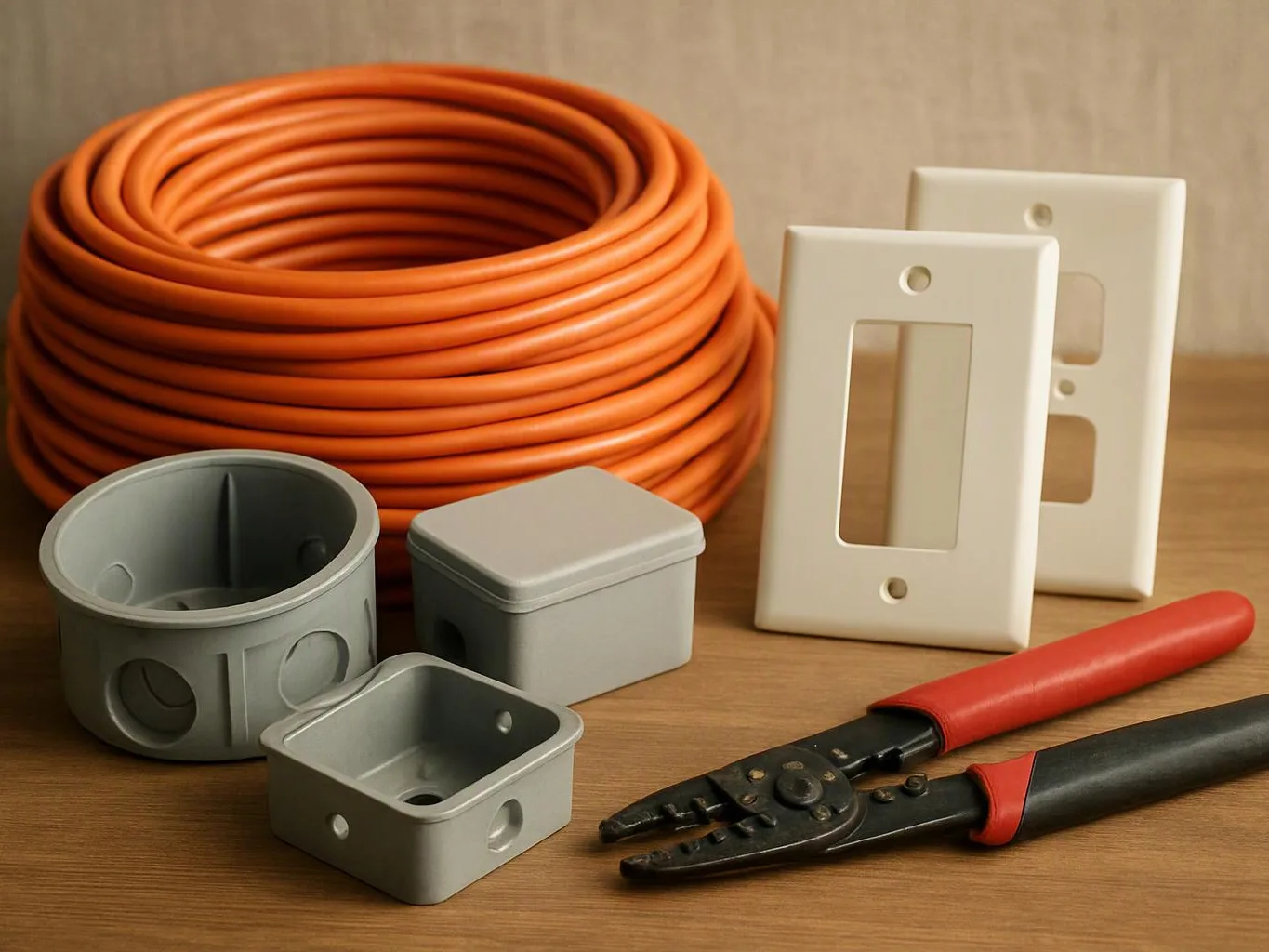 Orange coiled cable, gray electrical boxes, white wall plates, and wire cutters sit on a wooden table
