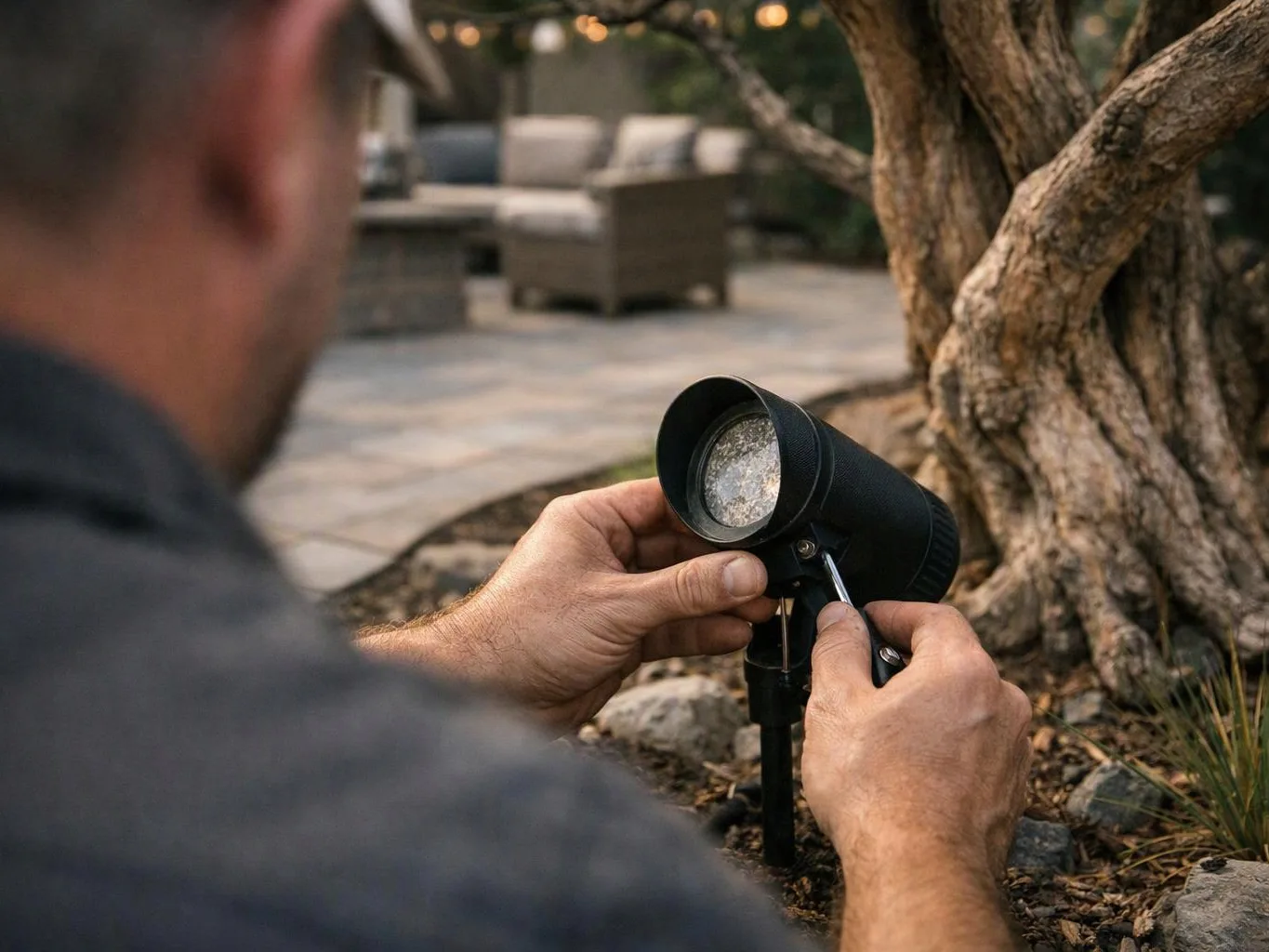 A person adjusts a black outdoor spotlight beside a tree in a landscaped yard