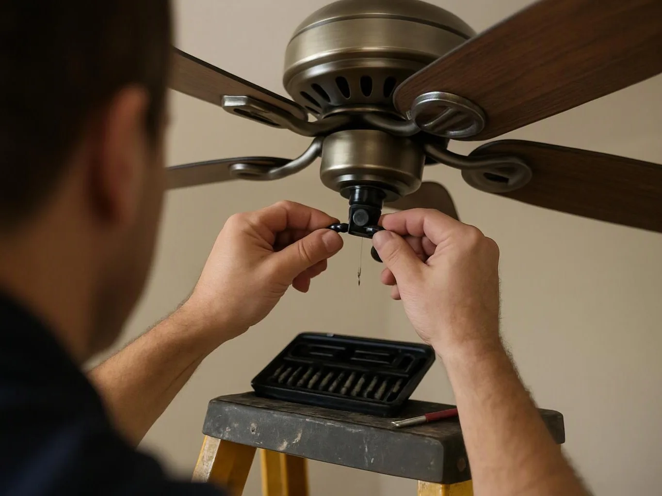 A person adjusts a ceiling fan chain, with tools resting on a step stool below