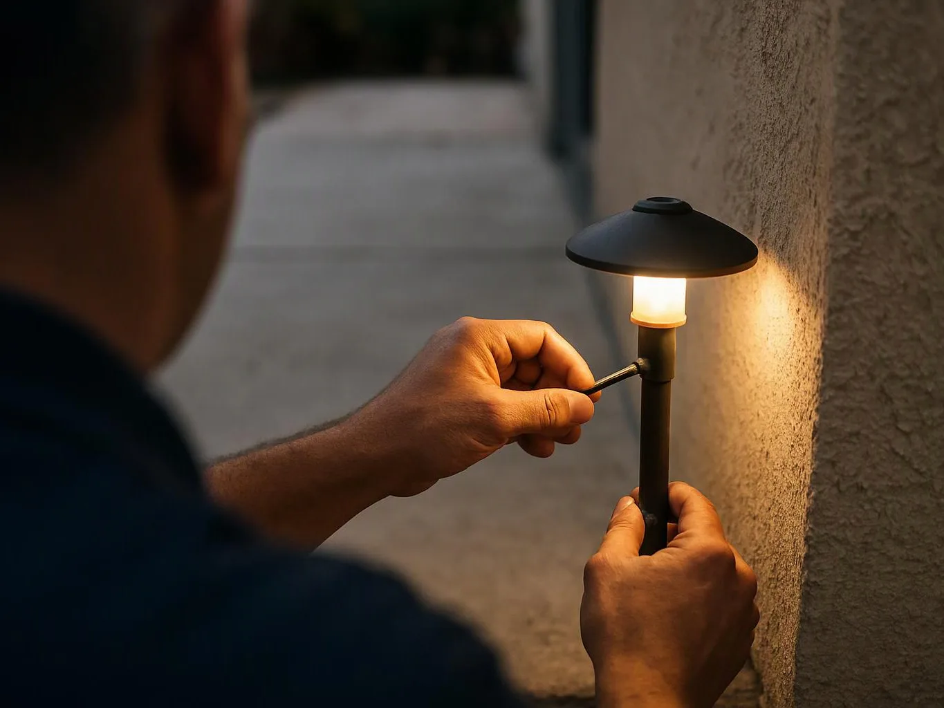 A person adjusts a lit outdoor path light beside a stucco wall