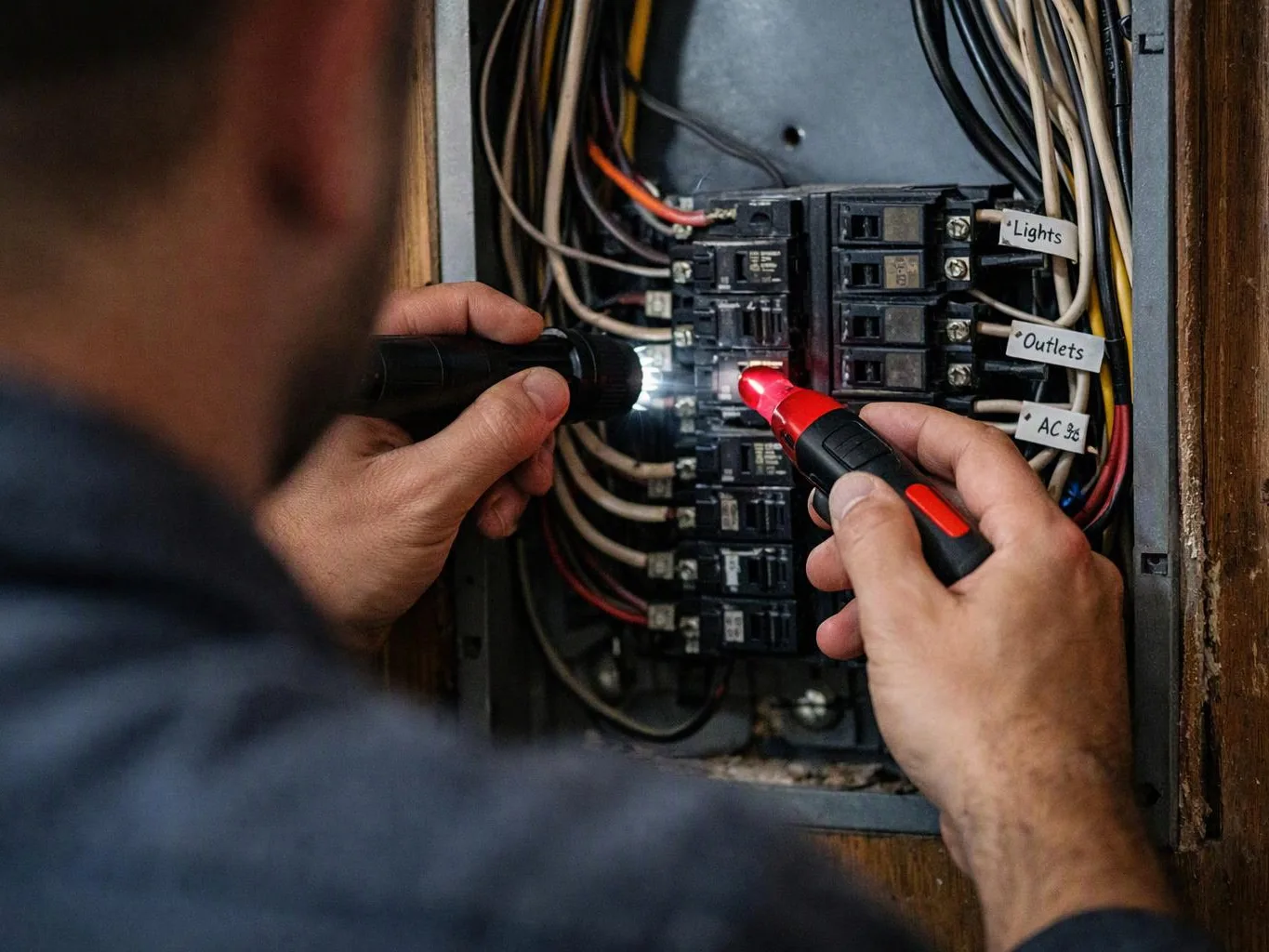 A person tests electrical breakers with two flashlights inside an open panel, with labeled wires visible