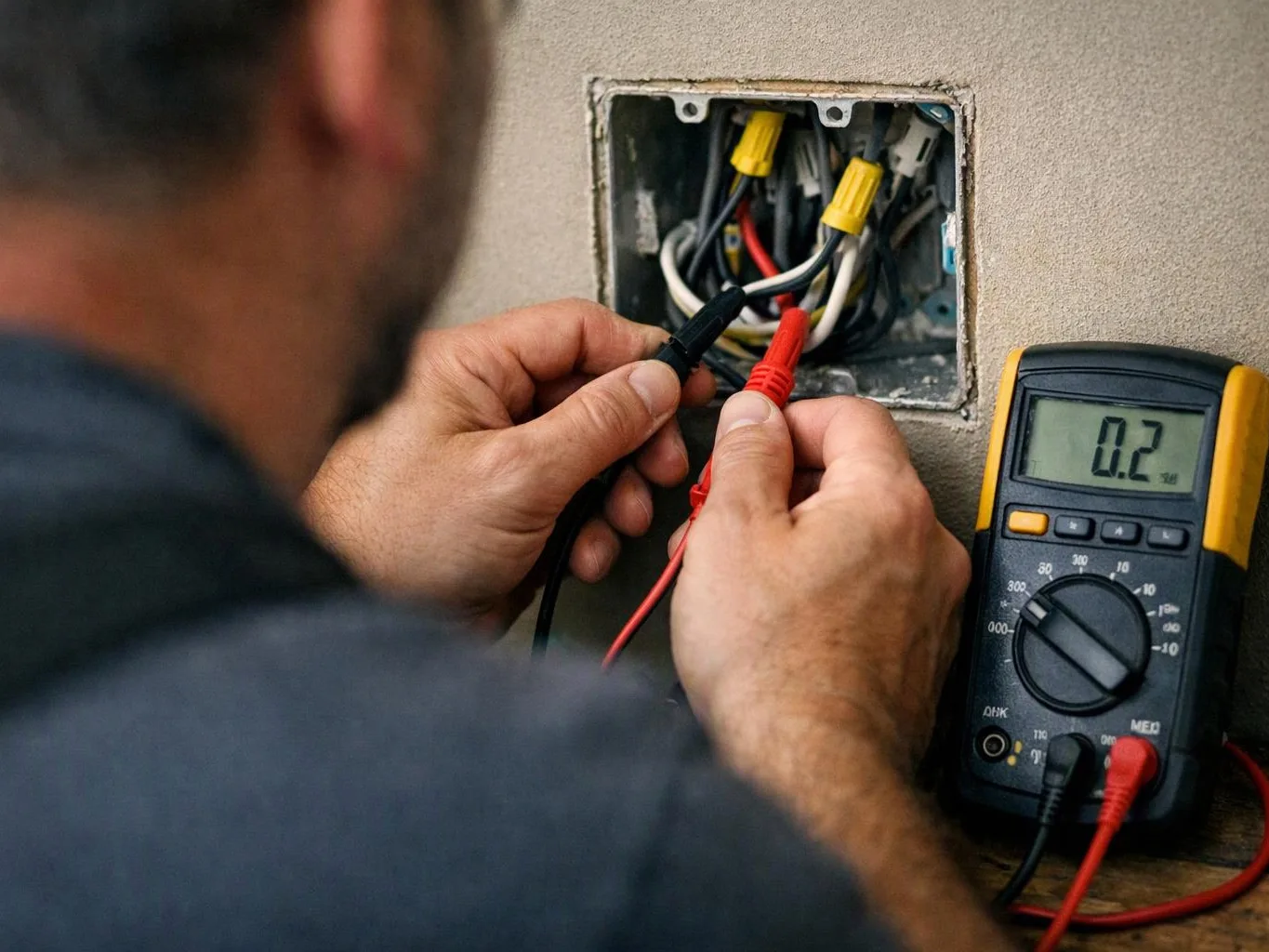 A person tests exposed wall wiring with a multimeter and probe leads