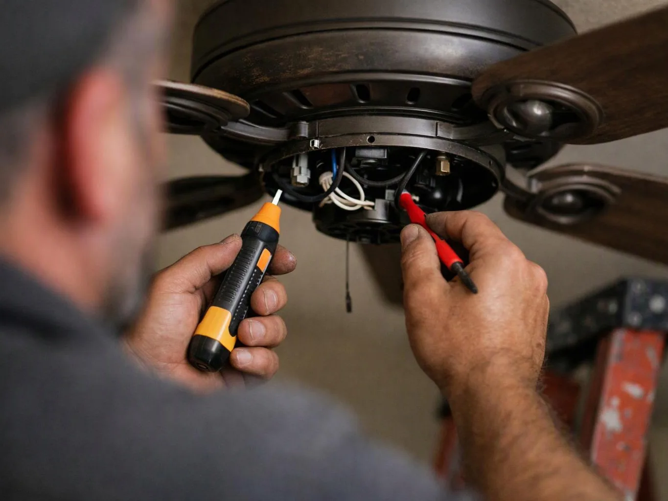 A person tests exposed wires inside a ceiling fan with two handheld tools