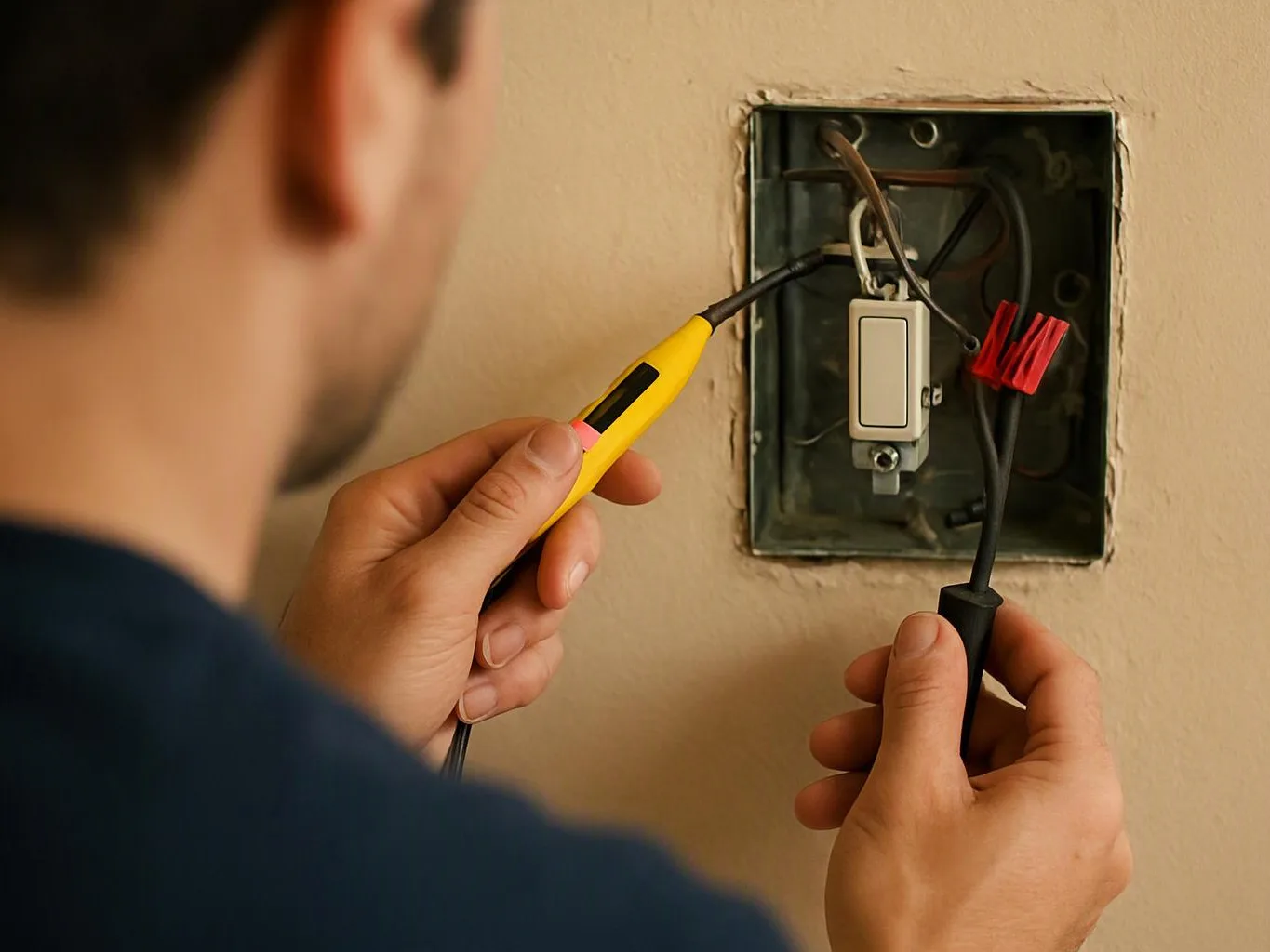 A person tests wiring in a wall outlet box with a yellow electrical probe and black lead