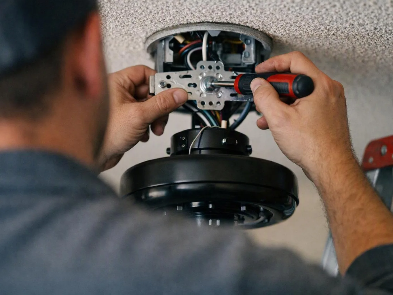 A person tightens screws on a ceiling light fixture with a screwdriver