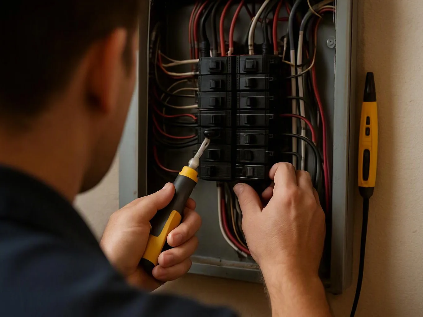 A person works on an open electrical breaker panel with a screwdriver and exposed wires