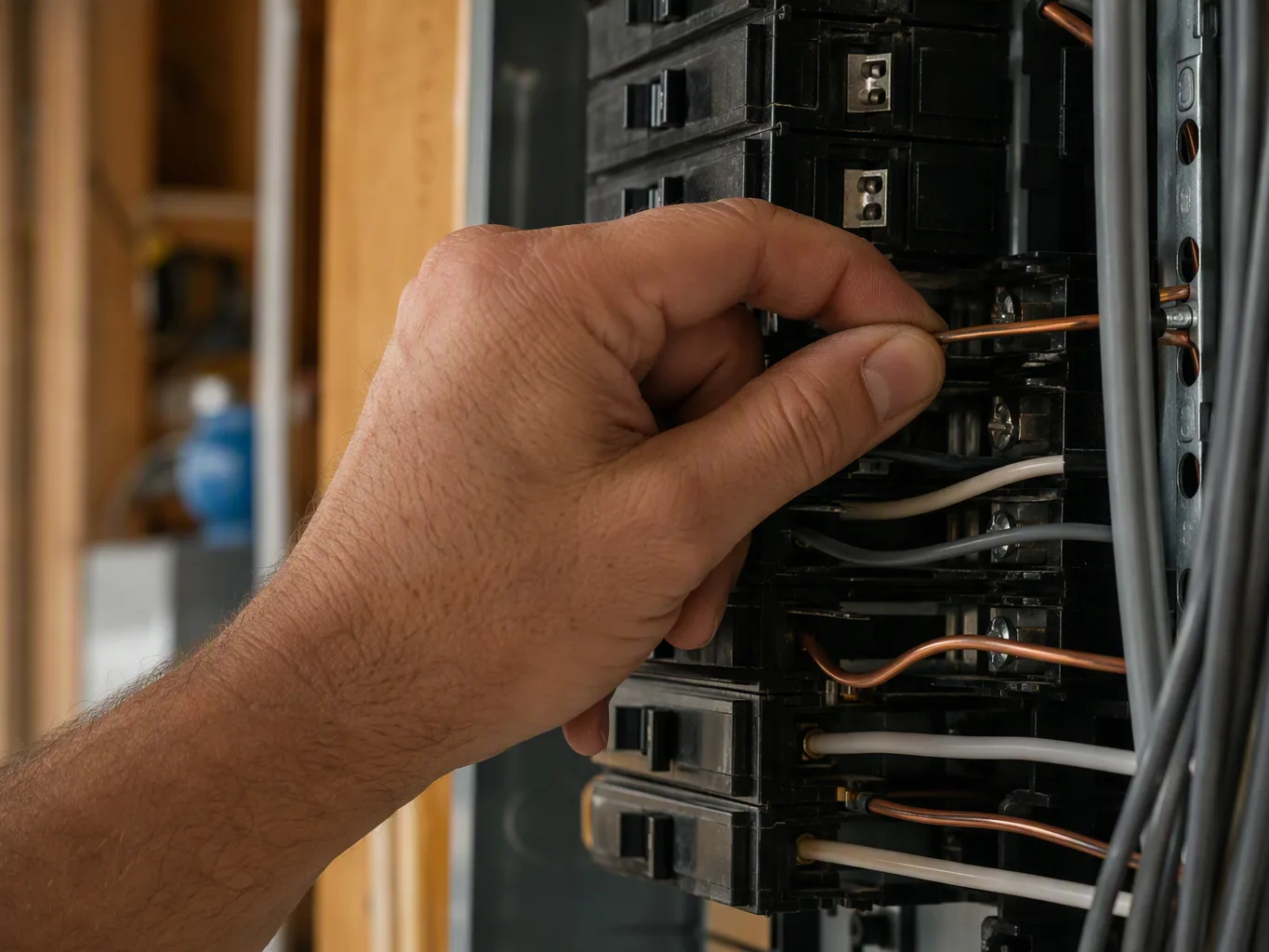 Hand tightening a wire connection inside an open electrical breaker panel