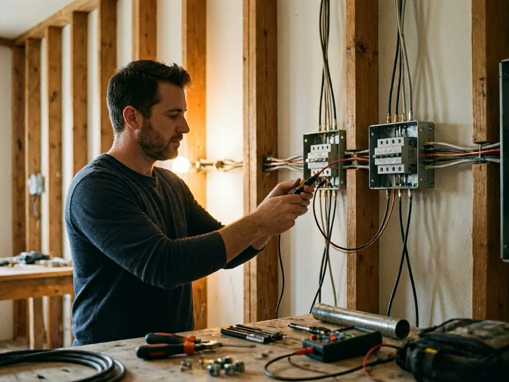 Electrician testing a breaker panel inside a home — Does New Lighting Need a Permit in Rialto?