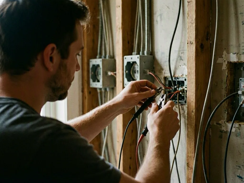 Electrician checking a bathroom fan with hand tools