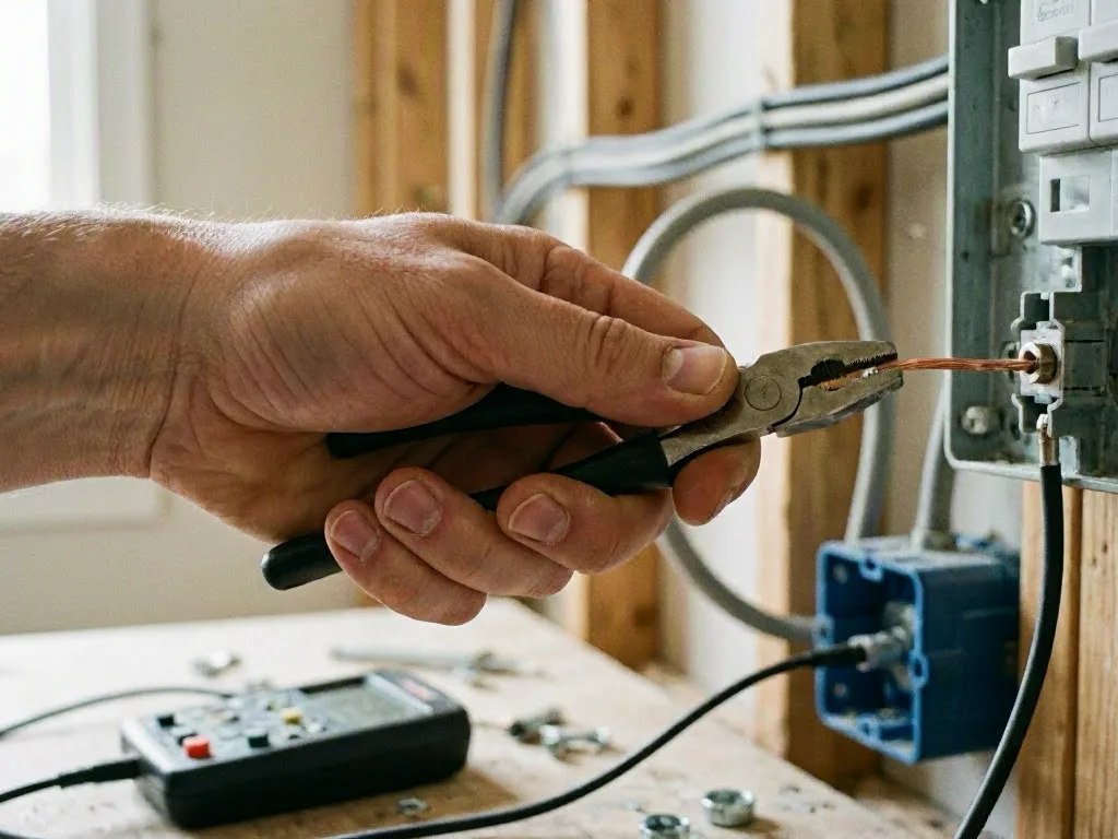 Hand holding a flashlight beside an indoor electrical breaker panel