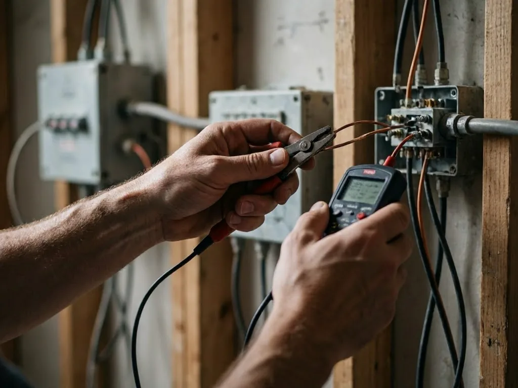 A man kneels on a wooden floor, working with a wall outlet and cable in a bare room