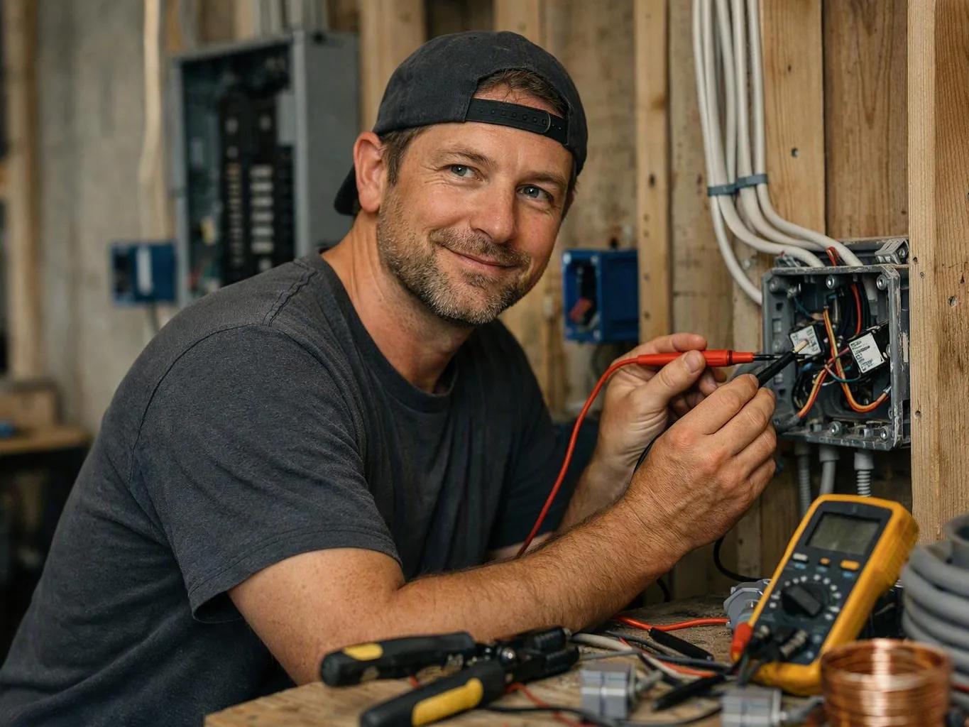 Technician repairing an outdoor landscape light after rain