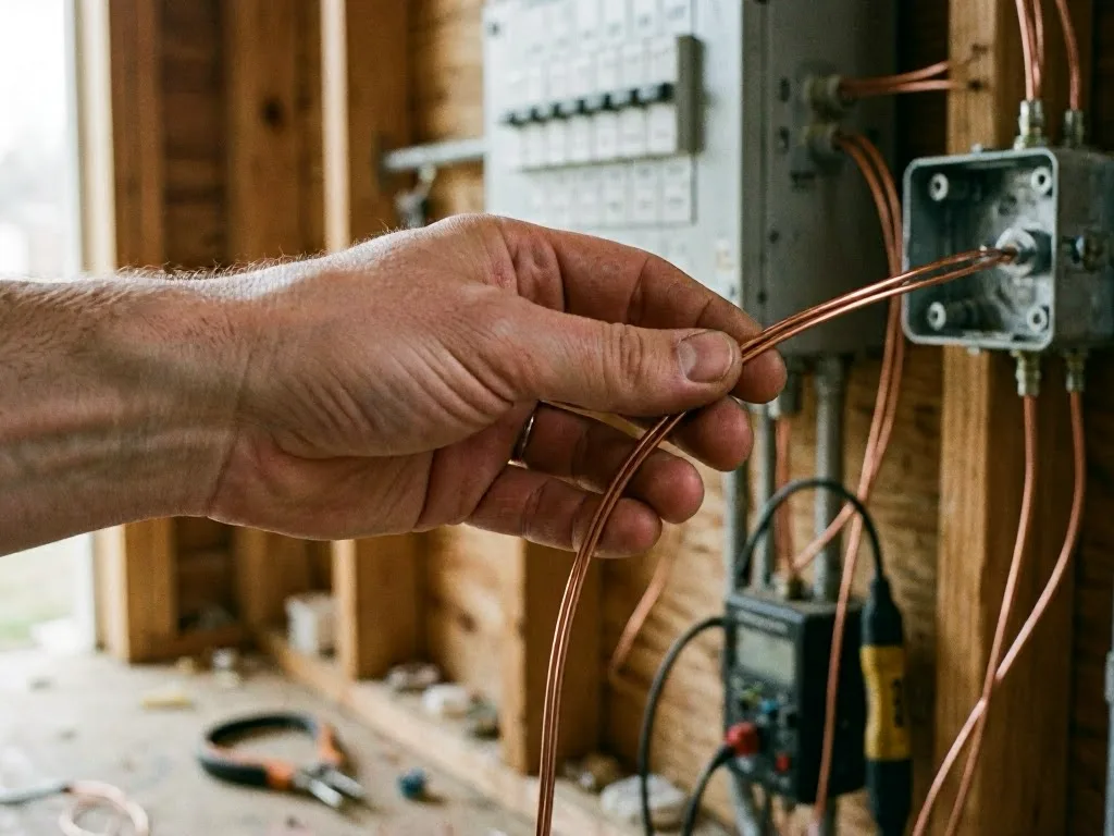 Worker checking smoke alarm wiring in a commercial room