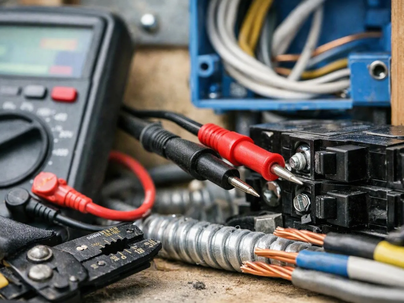 Multimeter probes a circuit breaker panel beside exposed wires and electrical