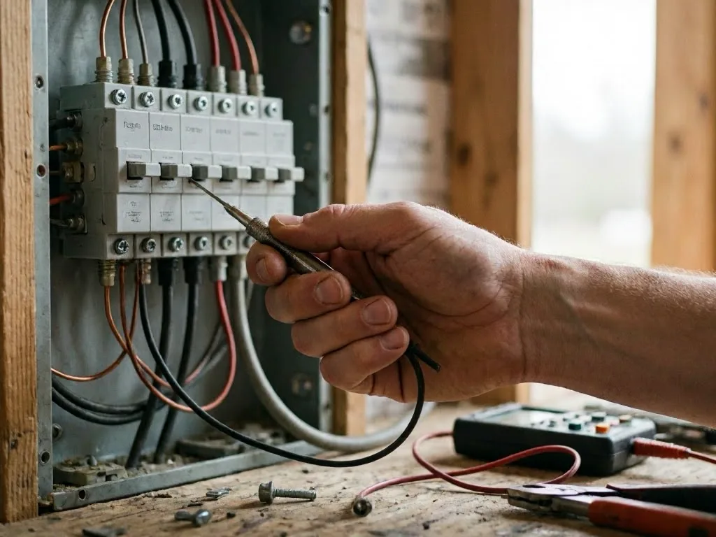 Hand using a probe to test wiring inside an open electrical panel in a workshop