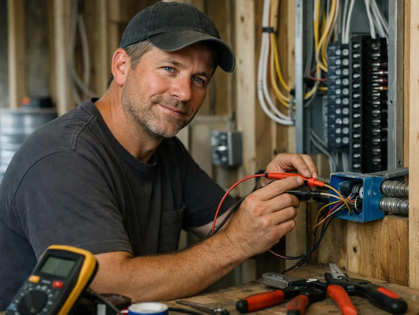 Person wiring a metal appliance beneath an indoor cabinet