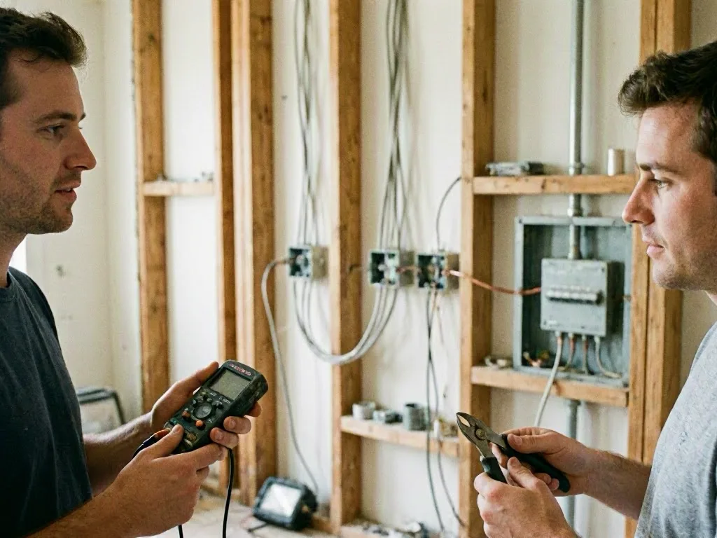 Man holding a remote in a bright room with ceiling fan and ladder behind him