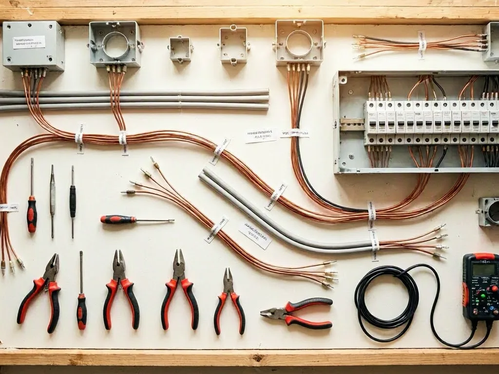Screwdriver, batteries, and small metal block arranged on a worn wooden
