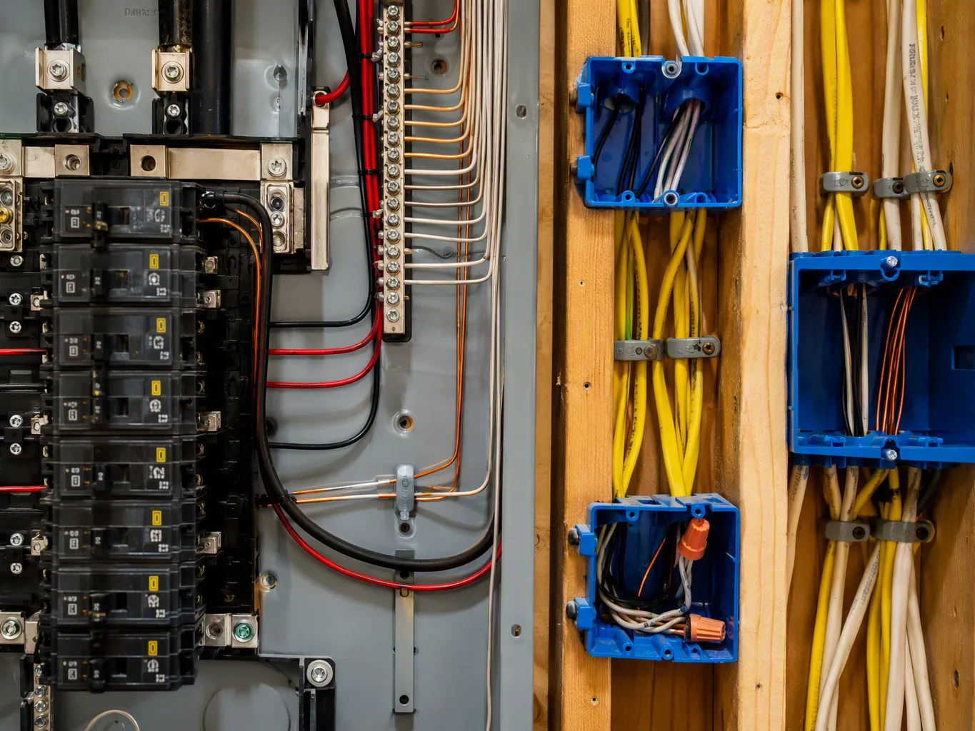 Electrical breaker panel with organized wiring and blue outlet boxes mounted on wood studs
