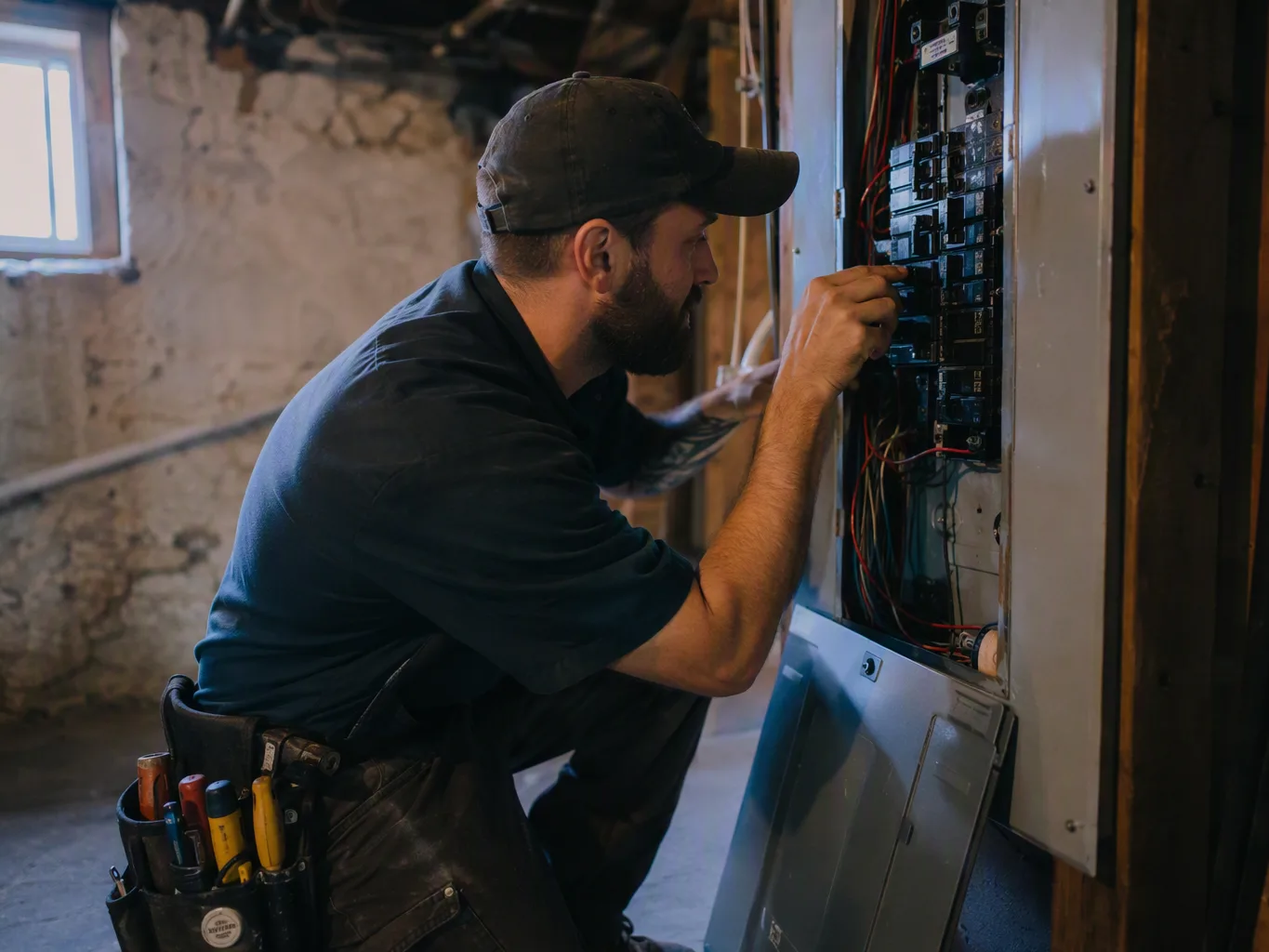 Person connecting wires to a black appliance beneath a wooden cabinet