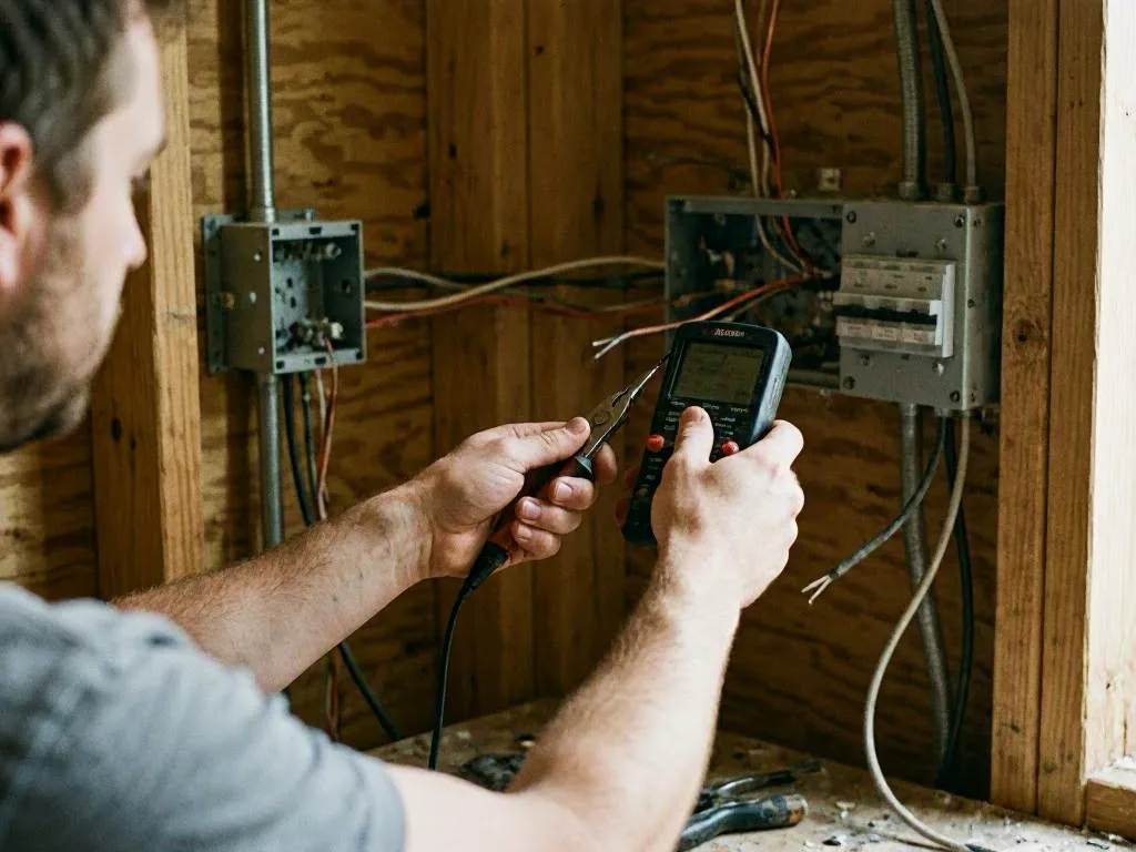 Electrician wiring a ceiling light fixture while standing on an indoor ladder