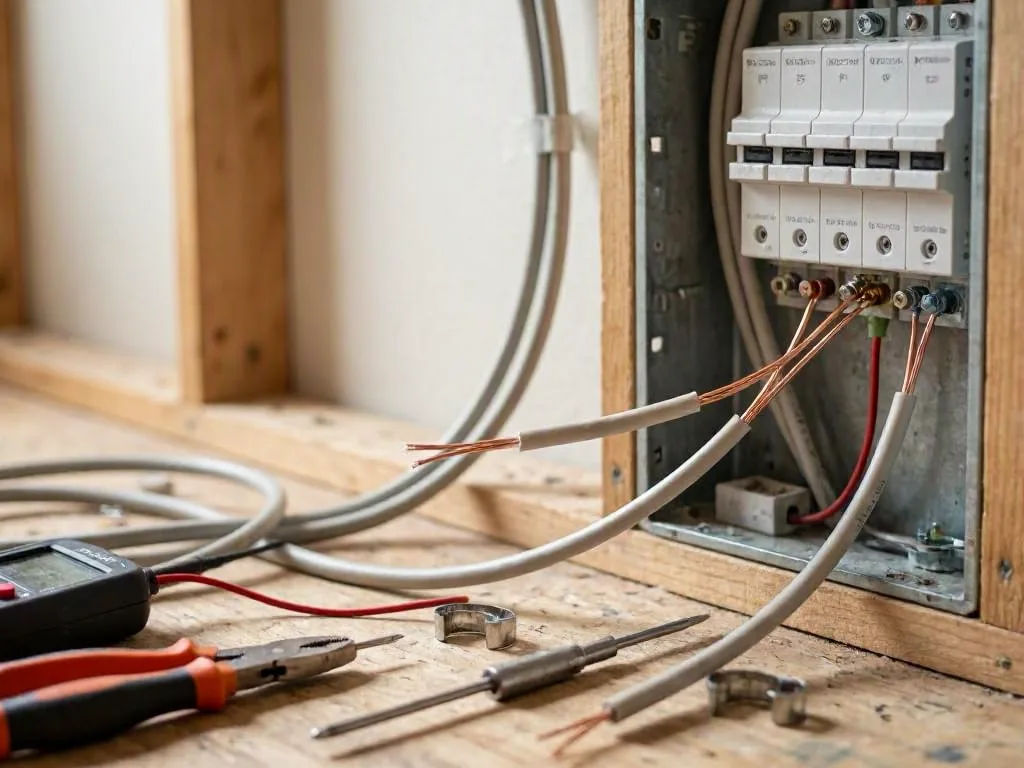 Electrician testing a breaker panel inside a home