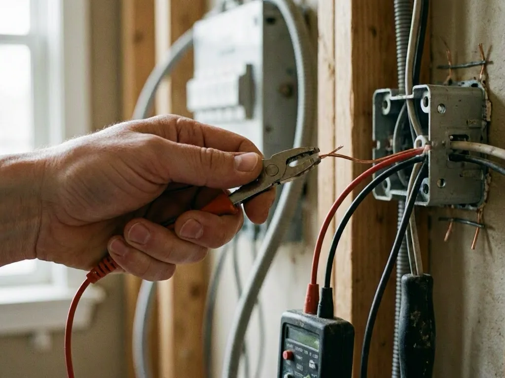 Electrician checking wiring beside an attic fan